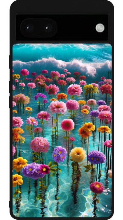 Coque Google Pixel 6a - Silicone rigide noir Flower sea waves