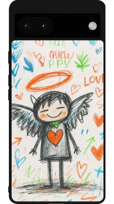 Coque Google Pixel 6a - Silicone rigide noir Little Angel Sketch Love