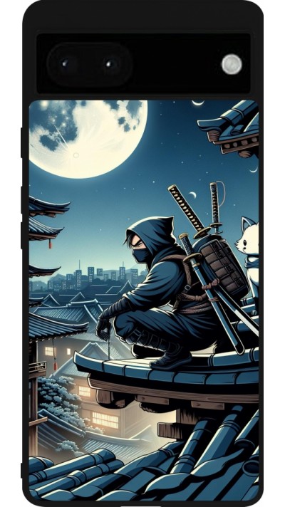 Coque Google Pixel 6a - Silicone rigide noir Ninja sous la lune