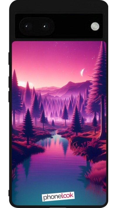 Coque Google Pixel 6a - Silicone rigide noir Paysage Violet-Rose