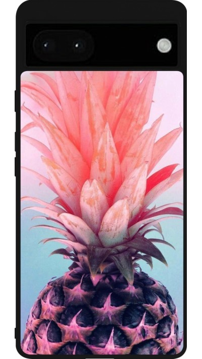 Coque Google Pixel 6a - Silicone rigide noir Purple Pink Pineapple