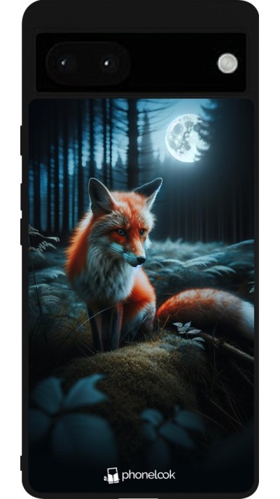 Coque Google Pixel 6a - Silicone rigide noir Renard lune forêt