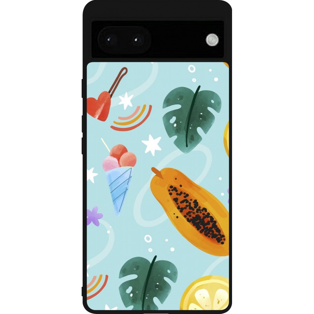 Google Pixel 6a Case Hülle - Silikon schwarz Summer 2025 Pattern papaya