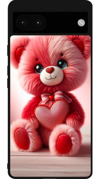 Google Pixel 6a Case Hülle - Silikon schwarz Valentin 2024 Rosaroter Teddybär