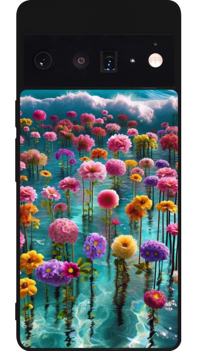 Coque Google Pixel 6 Pro - Silicone rigide noir Flower sea waves
