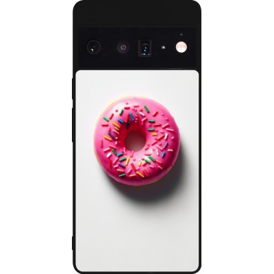 Google Pixel 6 Pro Case Hülle - Silikon schwarz Weisser Hintergrund, pinker Donut