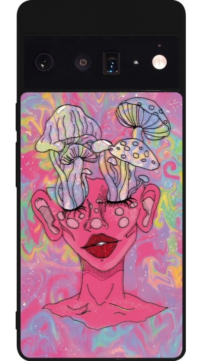 Coque Google Pixel 6 Pro - Silicone rigide noir Psychedelic pink mushroom