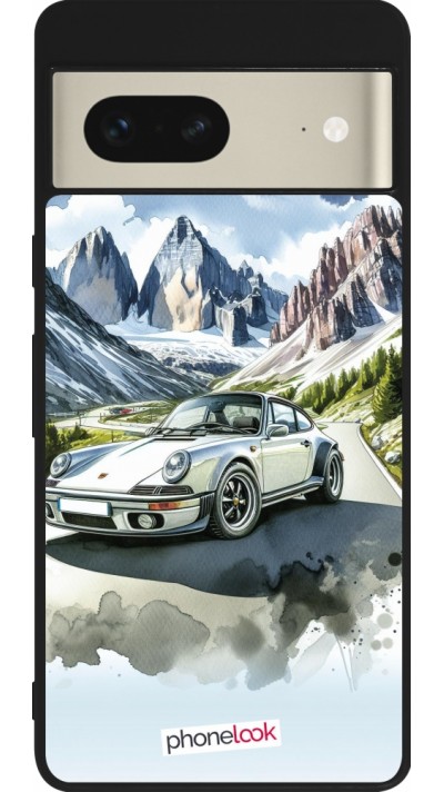 Coque Google Pixel 7 - Silicone rigide noir Porsche 911 Mountain Watercolor