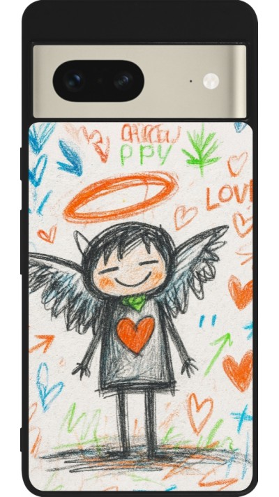 Coque Google Pixel 7 - Silicone rigide noir Little Angel Sketch Love