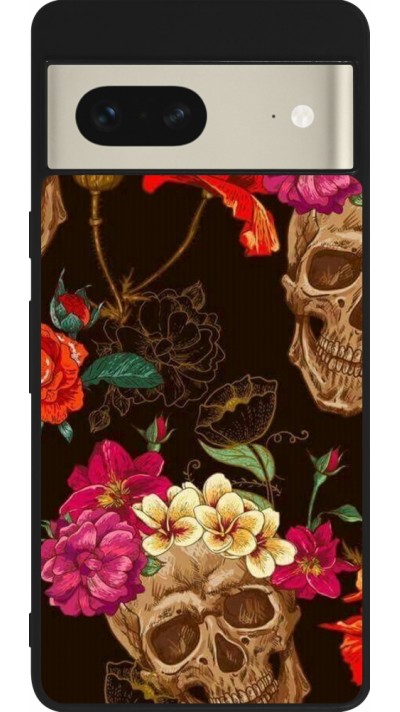 Coque Google Pixel 7 - Silicone rigide noir Skulls and flowers