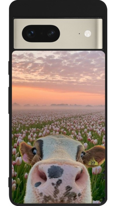 Coque Google Pixel 7 - Silicone rigide noir Cow with tulips Spring 2026