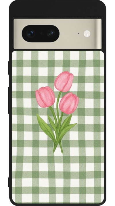 Coque Google Pixel 7 - Silicone rigide noir Green vichy tulips Spring 2026