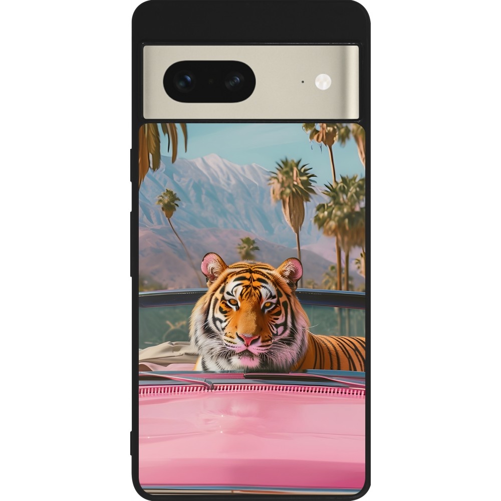 Google Pixel 7 Case Hülle - Silikon schwarz Tiger Auto rosa