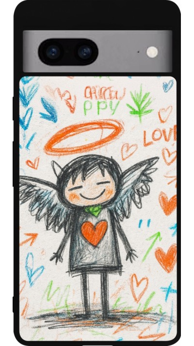 Coque Google Pixel 7a - Silicone rigide noir Little Angel Sketch Love