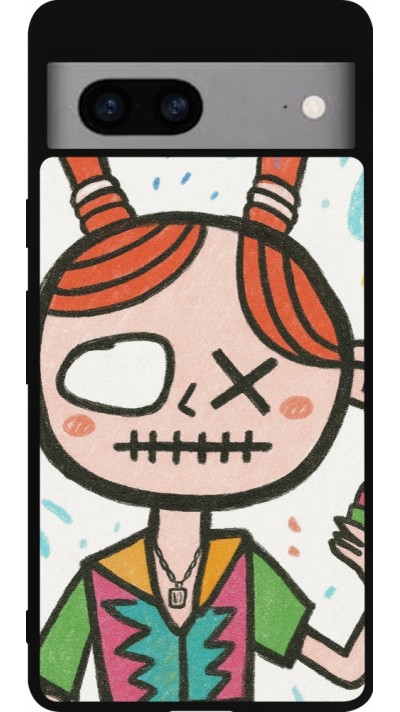 Coque Google Pixel 7a - Silicone rigide noir Little Girl Sketch