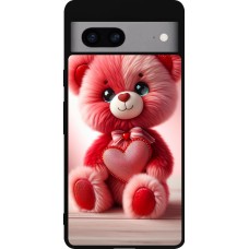 Coque Google Pixel 7a - Silicone rigide noir Valentine 2024 Ourson rose