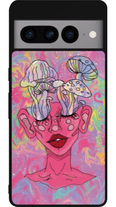 Coque Google Pixel 7 Pro - Silicone rigide noir Psychedelic pink mushroom