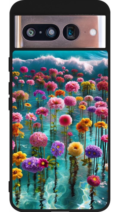 Coque Google Pixel 8 - Silicone rigide noir Flower sea waves