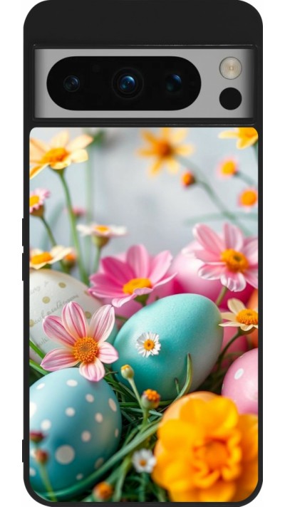 Google Pixel 8 Pro Case Hülle - Silikon schwarz Easter 2026 Eggs with flowers