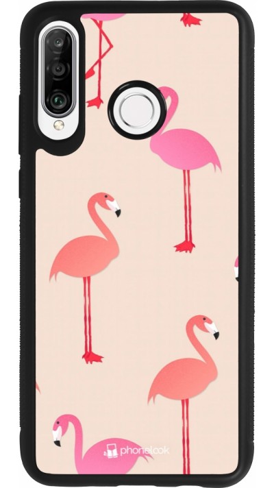 Huawei P30 Lite Case Hülle - Silikon schwarz Pink Flamingos Pattern