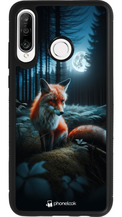 Coque Huawei P30 Lite - Silicone rigide noir Renard lune forêt
