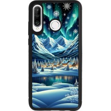Huawei P30 Lite Case Hülle - Silikon schwarz Verschneites Bergdorf am See in der Nacht