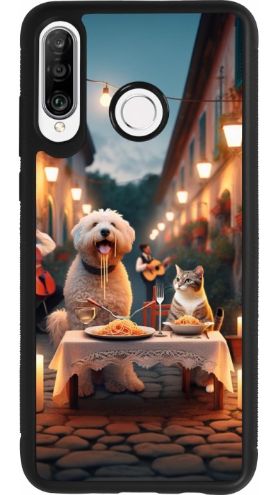 Huawei P30 Lite Case Hülle - Silikon schwarz Valentin 2024 Hund & Katze Kerzenlicht