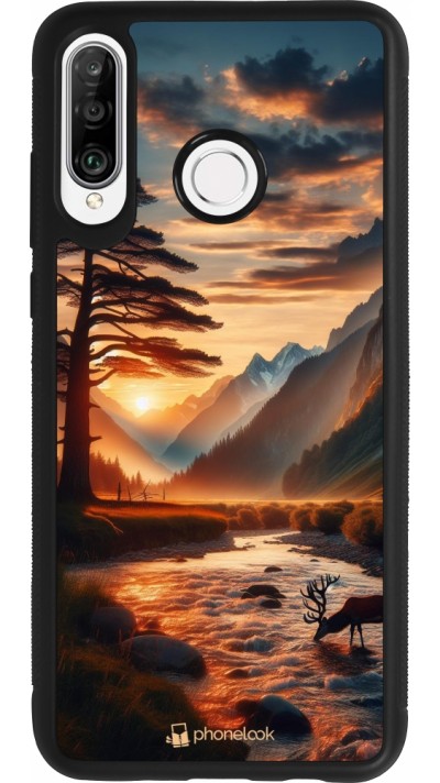 Huawei P30 Lite Case Hülle - Silikon schwarz Tal Sonnenuntergang Hirsch Baum