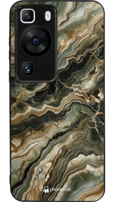 Coque Huawei P60 - Silicone rigide noir Marbre Olive