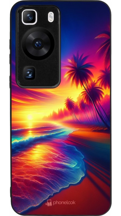 Coque Huawei P60 - Silicone rigide noir Plage coucher soleil flashy