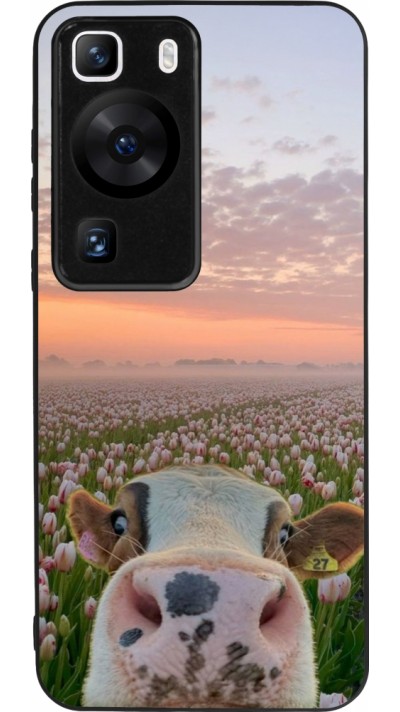 Coque Huawei P60 - Silicone rigide noir Cow with tulips Spring 2026