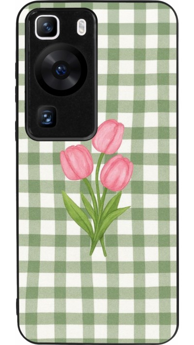 Coque Huawei P60 - Silicone rigide noir Green vichy tulips Spring 2026