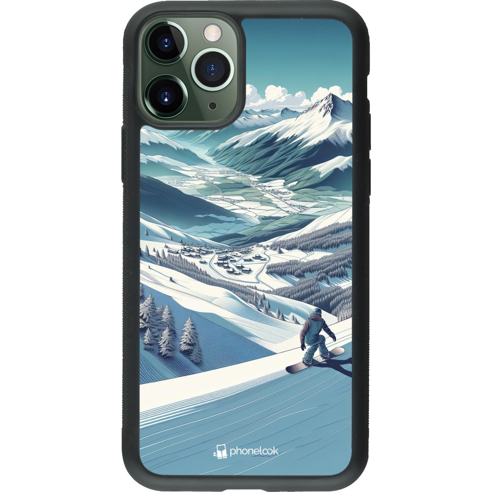 Coque iPhone 11 Pro - Silicone rigide noir Snowboarder Montagne