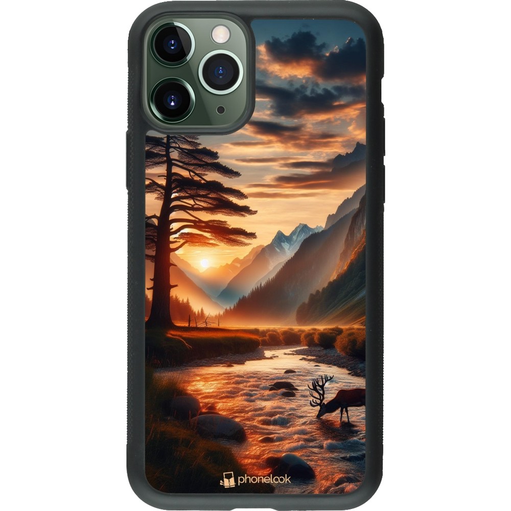 iPhone 11 Pro Case Hülle - Silikon schwarz Tal Sonnenuntergang Hirsch Baum