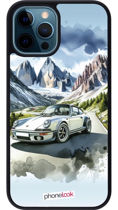 iPhone 12 / 12 Pro Case Hülle - Silikon schwarz Porsche 911 Berg Aquarell