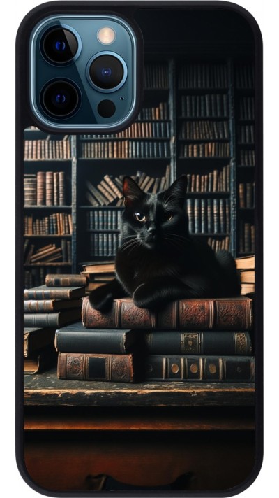 iPhone 12 / 12 Pro Case Hülle - Silikon schwarz Katze Bücher dunkel