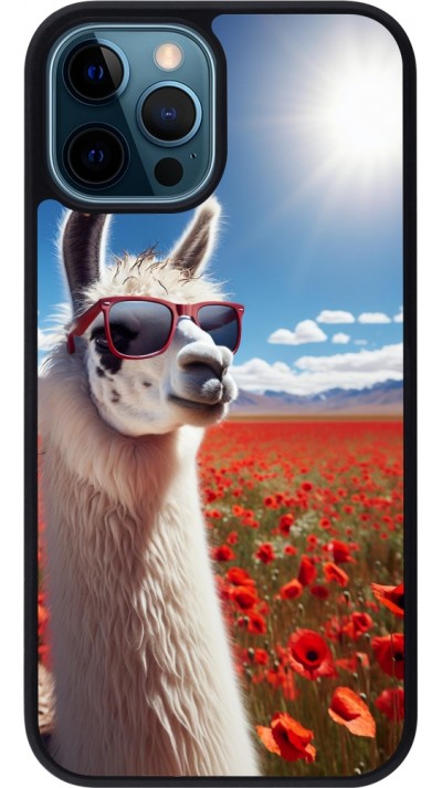 iPhone 12 / 12 Pro Case Hülle - Silikon schwarz Lama Chic in Mohnblume