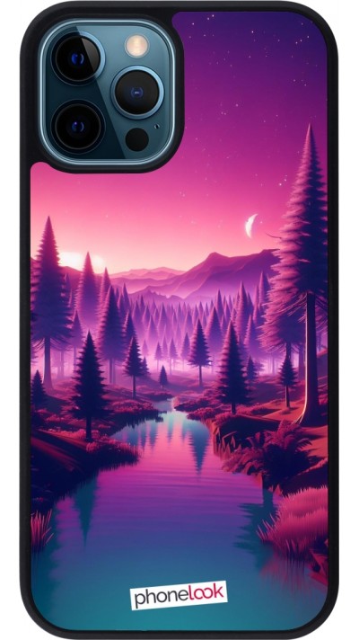 iPhone 12 / 12 Pro Case Hülle - Silikon schwarz Lila-rosa Landschaft
