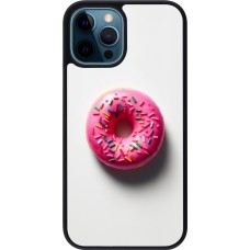 iPhone 12 / 12 Pro Case Hülle - Silikon schwarz Weisser Hintergrund, pinker Donut
