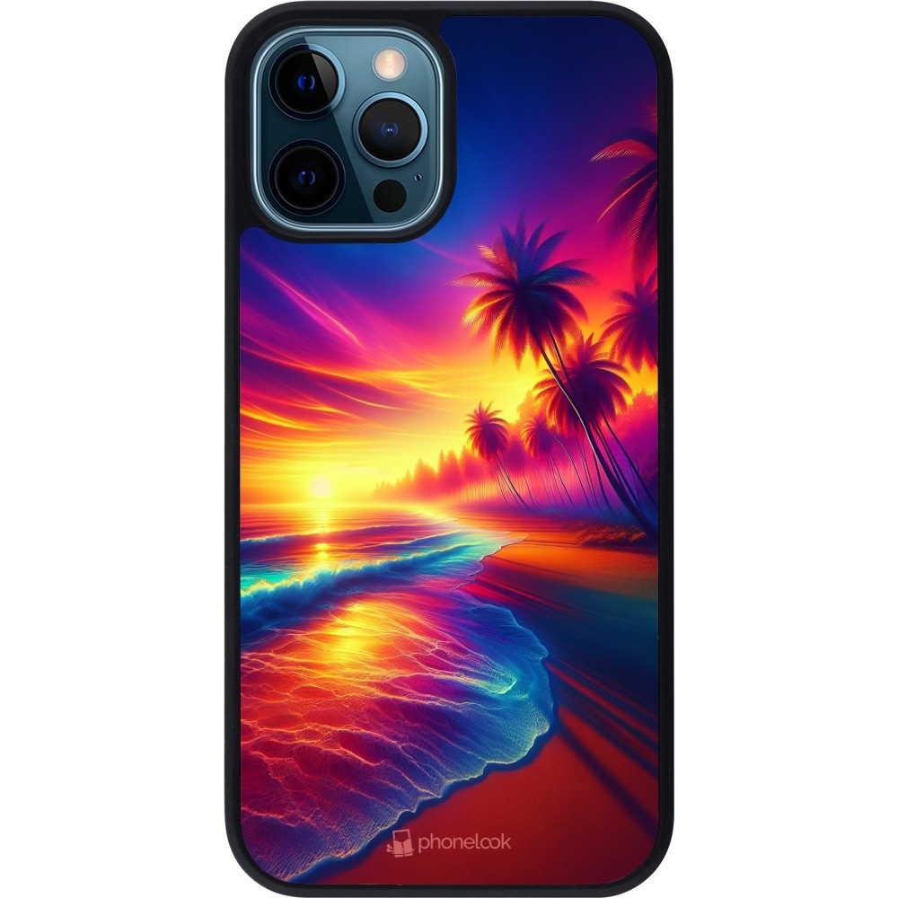 iPhone 12 / 12 Pro Case Hülle - Silikon schwarz Strand Sonnenuntergang auffällig