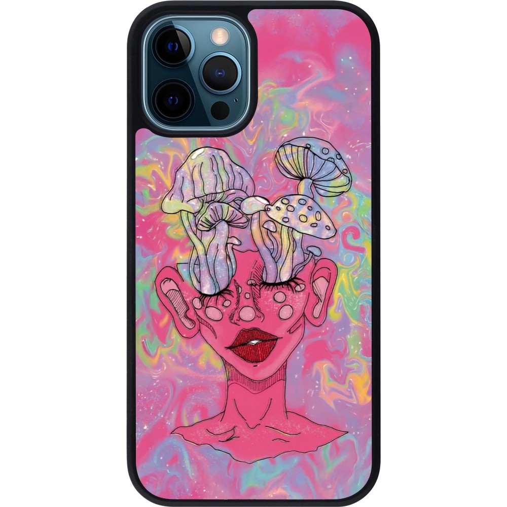 iPhone 12 / 12 Pro Case Hülle - Silikon schwarz Psychedelic pink mushroom