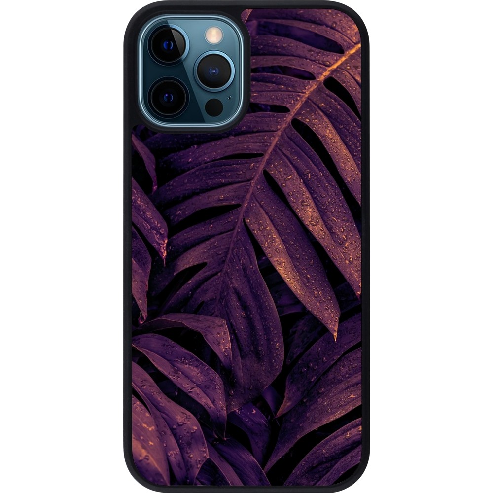 iPhone 12 / 12 Pro Case Hülle - Silikon schwarz Purple Light Leaves