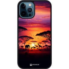 iPhone 12 / 12 Pro Case Hülle - Silikon schwarz Safari Sonnenuntergang Wildtiere