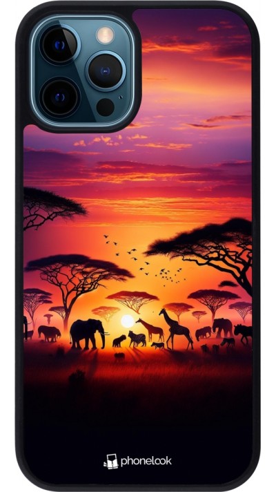 iPhone 12 / 12 Pro Case Hülle - Silikon schwarz Safari Sonnenuntergang Wildtiere