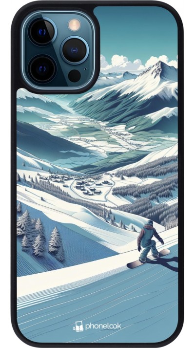 iPhone 12 / 12 Pro Case Hülle - Silikon schwarz Snowboarder Berg