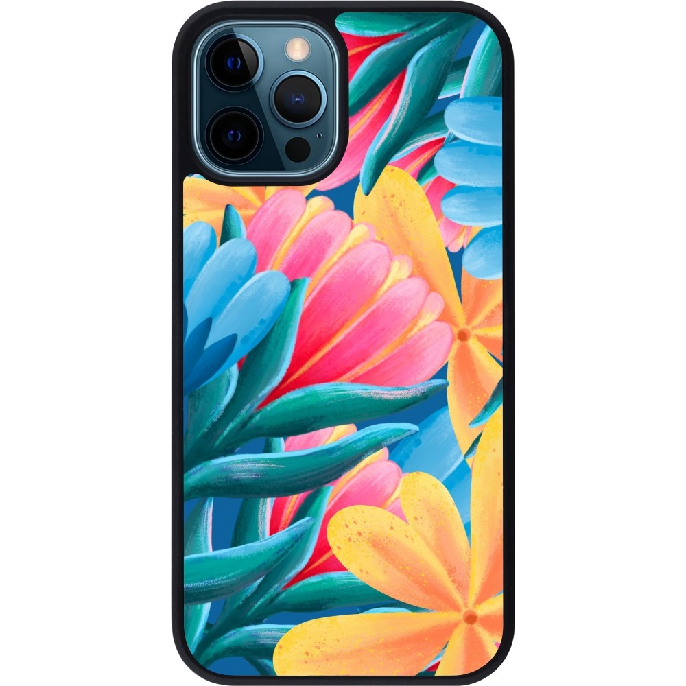 iPhone 12 / 12 Pro Case Hülle - Silikon schwarz Spring 23 colorful flowers