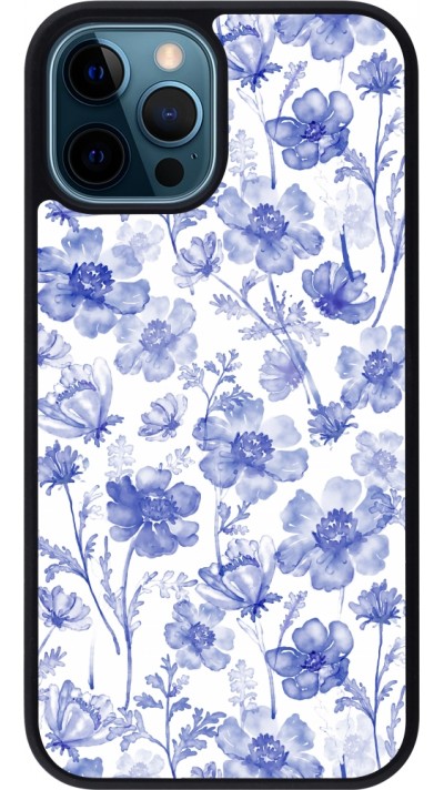 iPhone 12 / 12 Pro Case Hülle - Silikon schwarz Spring 23 watercolor blue flowers