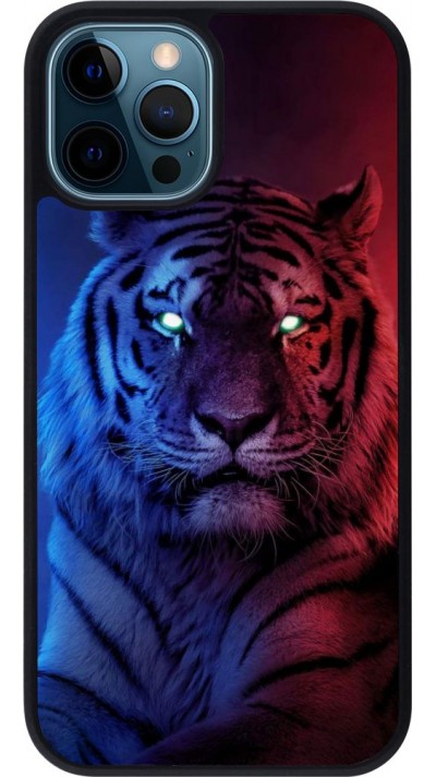 Coque iPhone 12 / 12 Pro - Silicone rigide noir Tiger Blue Red