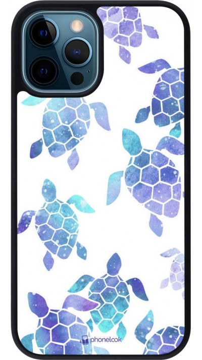 Coque iPhone 12 / 12 Pro - Silicone rigide noir Turtles pattern watercolor