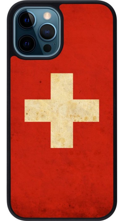 Coque iPhone 12 / 12 Pro - Silicone rigide noir Vintage Flag SWISS